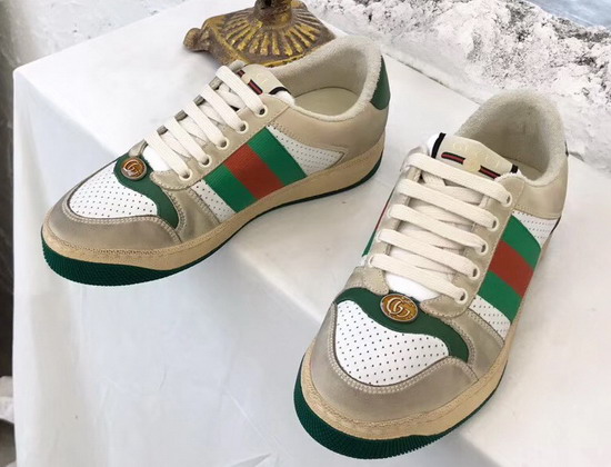 Gucci Womens Screener Leather Sneaker White Perforated and Off White Leather Green Leather Details 570442