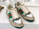 Gucci Womens Screener Leather Sneaker White Perforated and Off White Leather Green Leather Details 570442