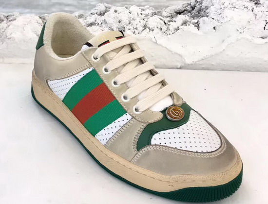 Gucci Womens Screener Leather Sneaker White Perforated and Off White Leather Green Leather Details 570442