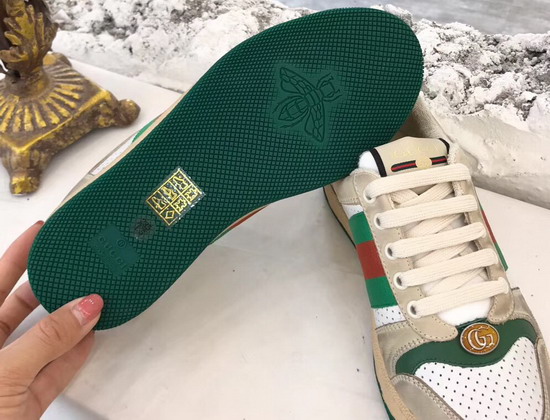 Gucci Womens Screener Leather Sneaker White Perforated and Off White Leather Green Leather Details 570442