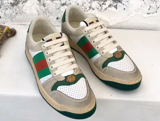 Gucci Womens Screener Leather Sneaker White Perforated and Off White Leather Green Leather Details 570442