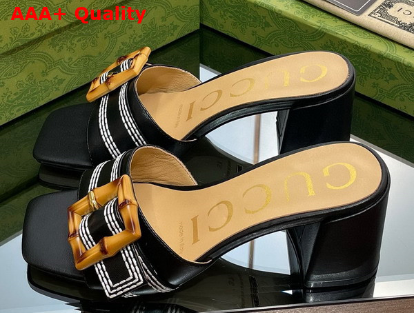 Gucci Womens Slide Sandal with Bamboo Buckle Black Leather Replica