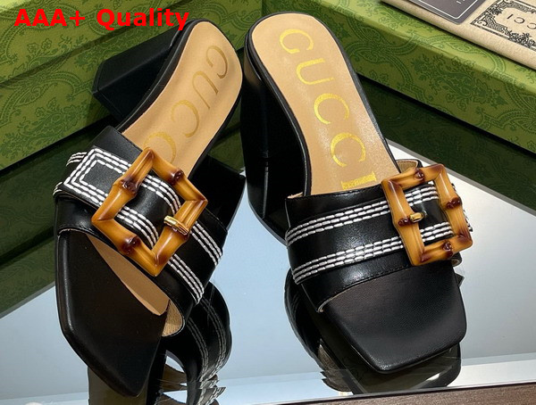 Gucci Womens Slide Sandal with Bamboo Buckle Black Leather Replica