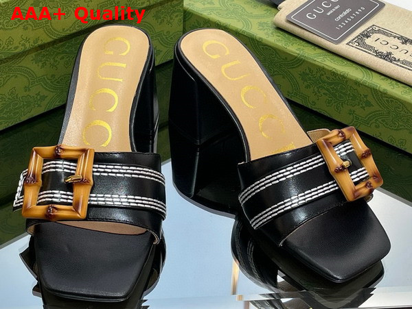 Gucci Womens Slide Sandal with Bamboo Buckle Black Leather Replica