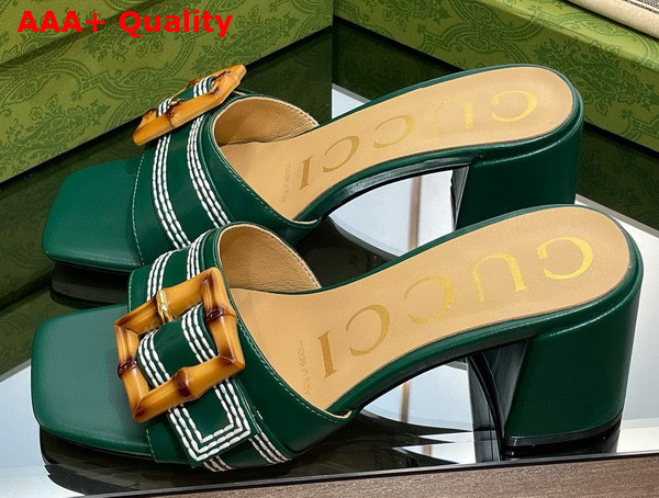 Gucci Womens Slide Sandal with Bamboo Buckle Green Leather Replica