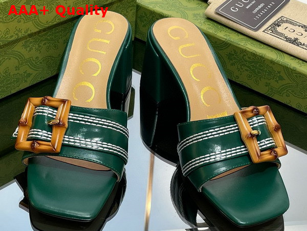 Gucci Womens Slide Sandal with Bamboo Buckle Green Leather Replica