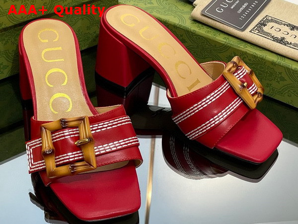 Gucci Womens Slide Sandal with Bamboo Buckle Red Leather Replica