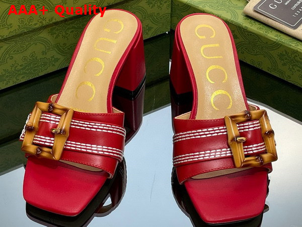 Gucci Womens Slide Sandal with Bamboo Buckle Red Leather Replica