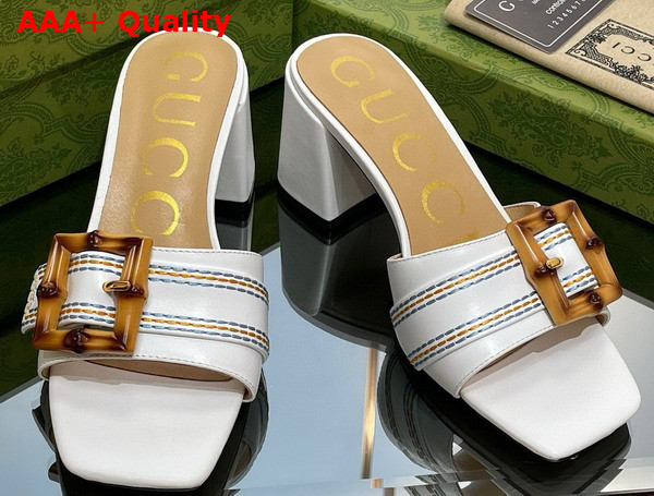 Gucci Womens Slide Sandal with Bamboo Buckle White Leather Replica