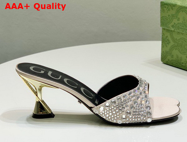 Gucci Womens Slide Sandal with Crystals Beige Silk Satin with Crystals 749663 Replica