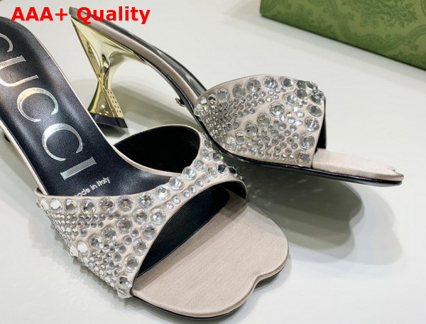 Gucci Womens Slide Sandal with Crystals Beige Silk Satin with Crystals 749663 Replica