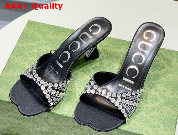 Gucci Womens Slide Sandal with Crystals Black Silk Satin with Crystals 749663 Replica