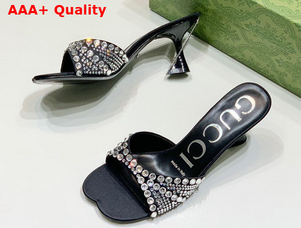 Gucci Womens Slide Sandal with Crystals Black Silk Satin with Crystals 749663 Replica