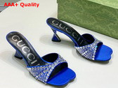 Gucci Womens Slide Sandal with Crystals Blue Silk Satin with Crystals 749663 Replica