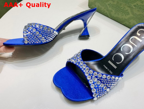 Gucci Womens Slide Sandal with Crystals Blue Silk Satin with Crystals 749663 Replica