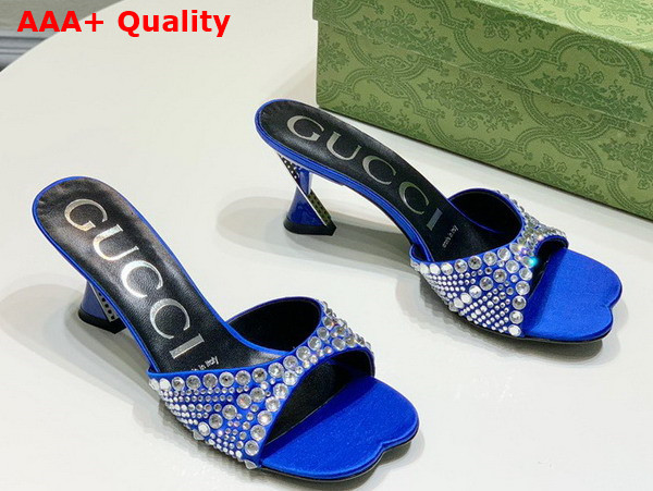 Gucci Womens Slide Sandal with Crystals Blue Silk Satin with Crystals 749663 Replica