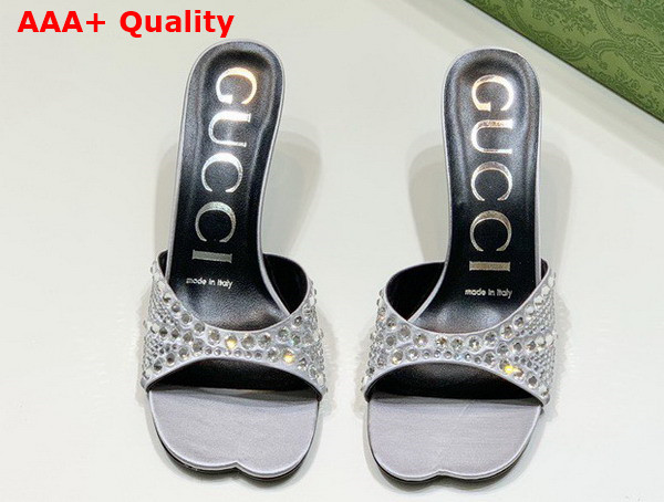 Gucci Womens Slide Sandal with Crystals Silver Silk Satin with Crystals 749663 Replica