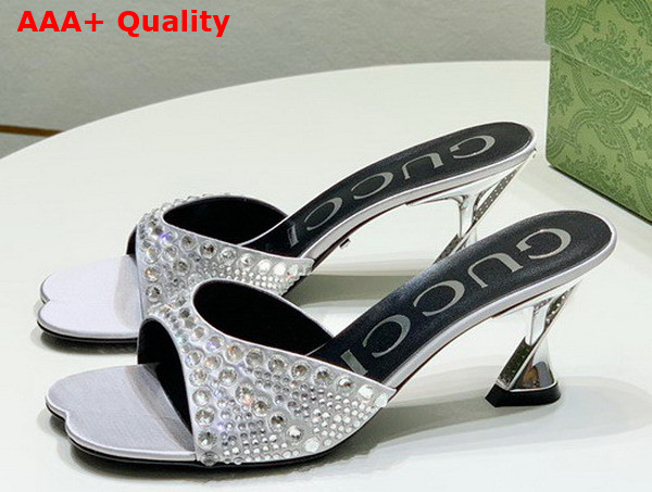 Gucci Womens Slide Sandal with Crystals Silver Silk Satin with Crystals 749663 Replica