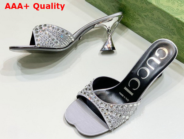 Gucci Womens Slide Sandal with Crystals Silver Silk Satin with Crystals 749663 Replica