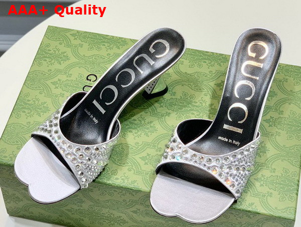 Gucci Womens Slide Sandal with Crystals Silver Silk Satin with Crystals 749663 Replica