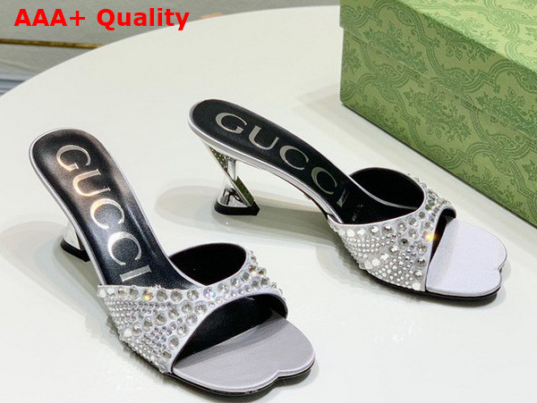 Gucci Womens Slide Sandal with Crystals Silver Silk Satin with Crystals 749663 Replica