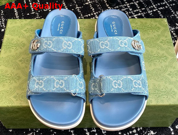 Gucci Womens Slide Sandal with Double G Light Blue and Ivory Denim Replica