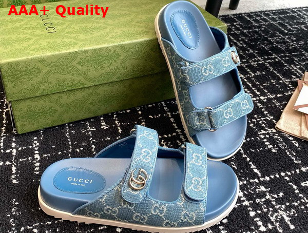 Gucci Womens Slide Sandal with Double G Light Blue and Ivory Denim Replica