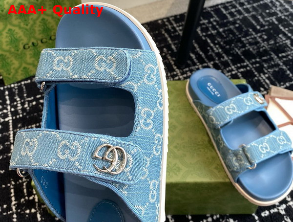 Gucci Womens Slide Sandal with Double G Light Blue and Ivory Denim Replica