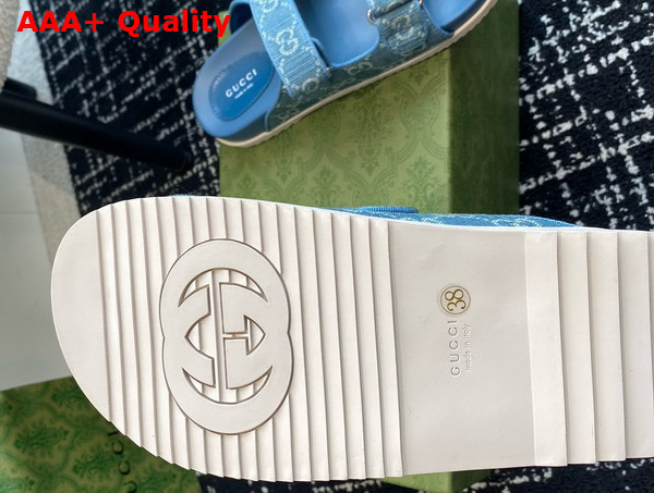 Gucci Womens Slide Sandal with Double G Light Blue and Ivory Denim Replica