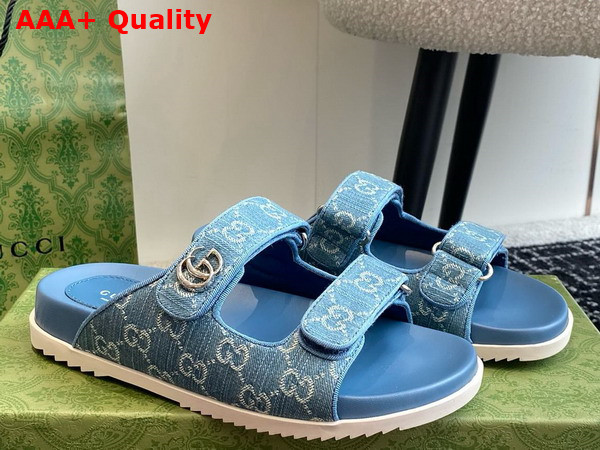 Gucci Womens Slide Sandal with Double G Light Blue and Ivory Denim Replica