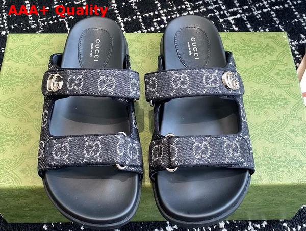 Gucci Womens Slide Sandal with Double G in Black and Grey GG Denim Replica