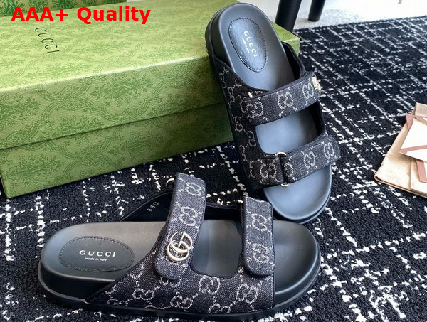 Gucci Womens Slide Sandal with Double G in Black and Grey GG Denim Replica