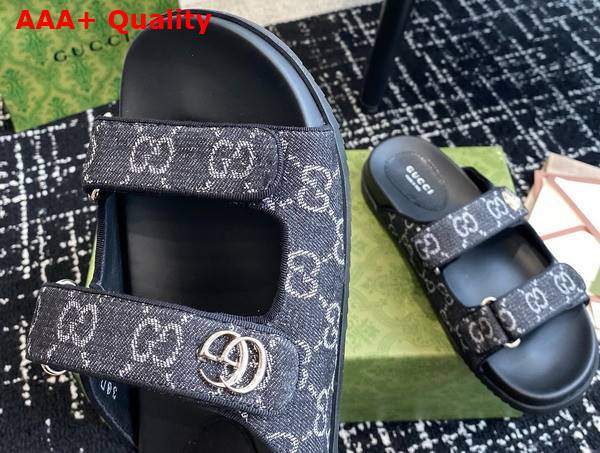 Gucci Womens Slide Sandal with Double G in Black and Grey GG Denim Replica