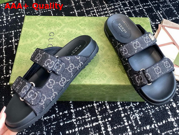 Gucci Womens Slide Sandal with Double G in Black and Grey GG Denim Replica