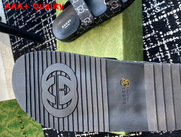 Gucci Womens Slide Sandal with Double G in Black and Grey GG Denim Replica