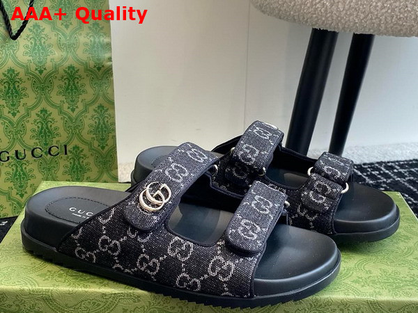 Gucci Womens Slide Sandal with Double G in Black and Grey GG Denim Replica