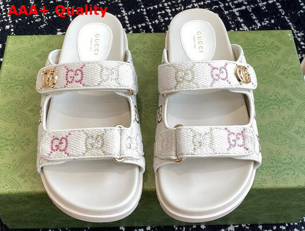 Gucci Womens Slide Sandal with Double G in Ivory GG Crystal Canvas Replica