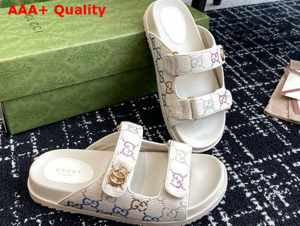 Gucci Womens Slide Sandal with Double G in Ivory GG Crystal Canvas Replica