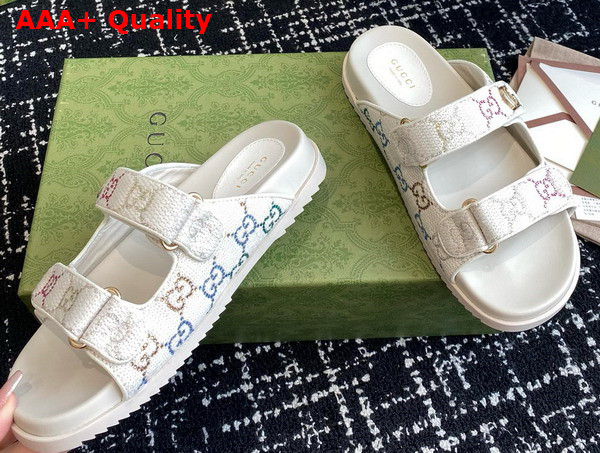 Gucci Womens Slide Sandal with Double G in Ivory GG Crystal Canvas Replica