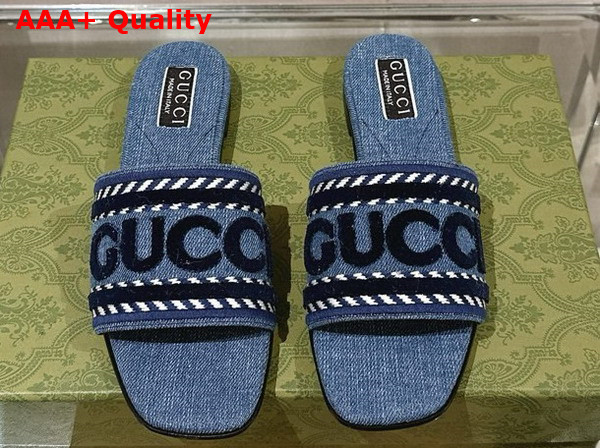 Gucci Womens Slide Sandal with Gucci Script Light Blue Denim 771589 Replica