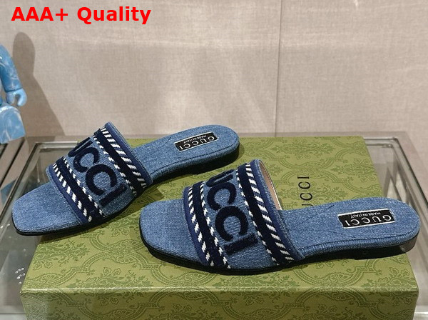 Gucci Womens Slide Sandal with Gucci Script Light Blue Denim 771589 Replica