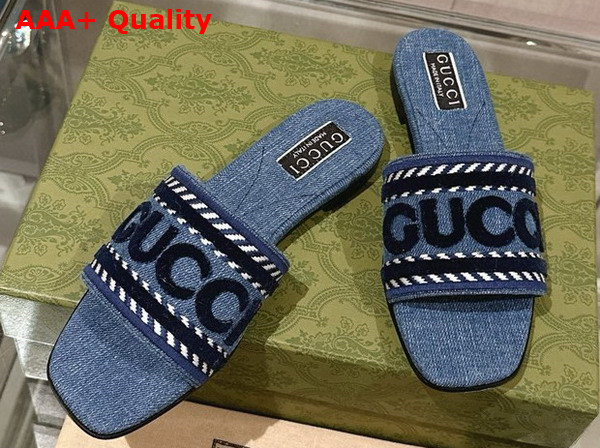 Gucci Womens Slide Sandal with Gucci Script Light Blue Denim 771589 Replica