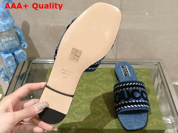 Gucci Womens Slide Sandal with Gucci Script Light Blue Denim 771589 Replica