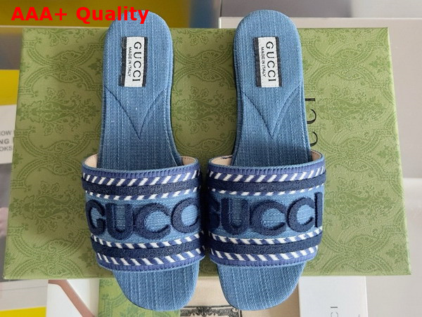 Gucci Womens Slide Sandal with Gucci Script in Light Blue Denim 771589 Replica