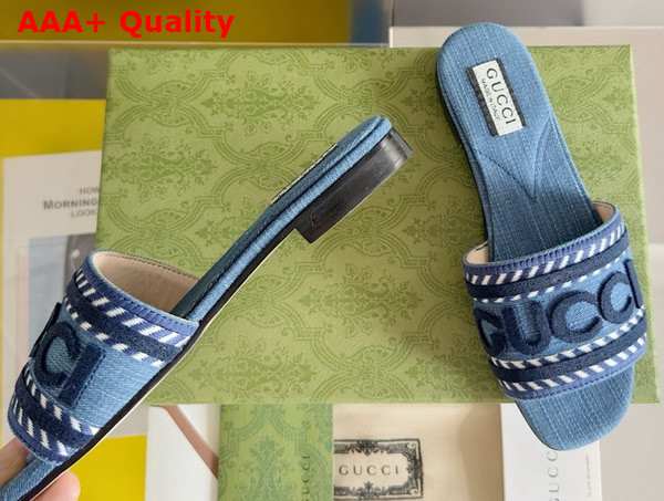 Gucci Womens Slide Sandal with Gucci Script in Light Blue Denim 771589 Replica