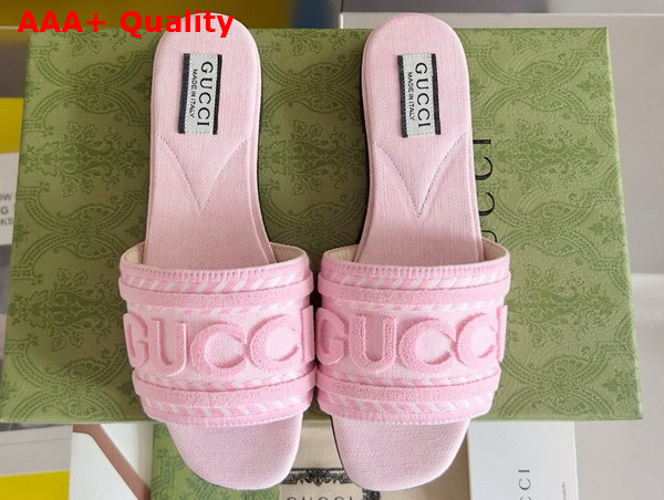 Gucci Womens Slide Sandal with Gucci Script in Light Pink Denim 771589 Replica