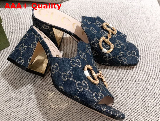 Gucci Womens Slide Sandal with Horsebit Dark Blue and Ivory Eco Washed Organic GG Jacquard Denim 655412 Replica