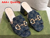 Gucci Womens Slide Sandal with Horsebit Dark Blue and Ivory Eco Washed Organic GG Jacquard Denim 655412 Replica