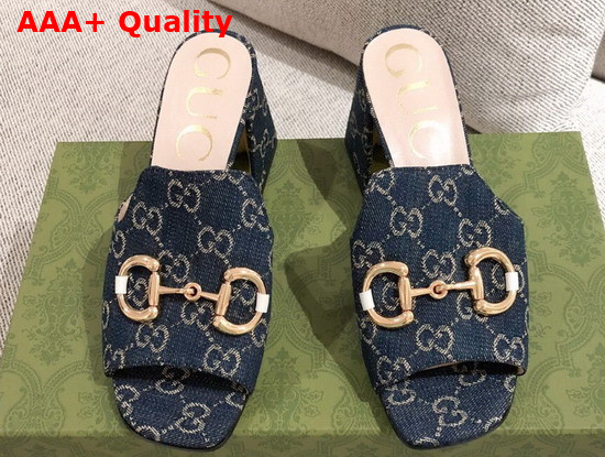 Gucci Womens Slide Sandal with Horsebit Dark Blue and Ivory Eco Washed Organic GG Jacquard Denim 655412 Replica