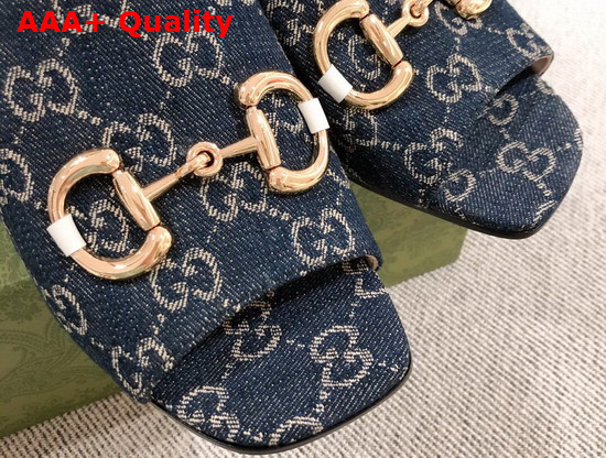 Gucci Womens Slide Sandal with Horsebit Dark Blue and Ivory Eco Washed Organic GG Jacquard Denim 655412 Replica